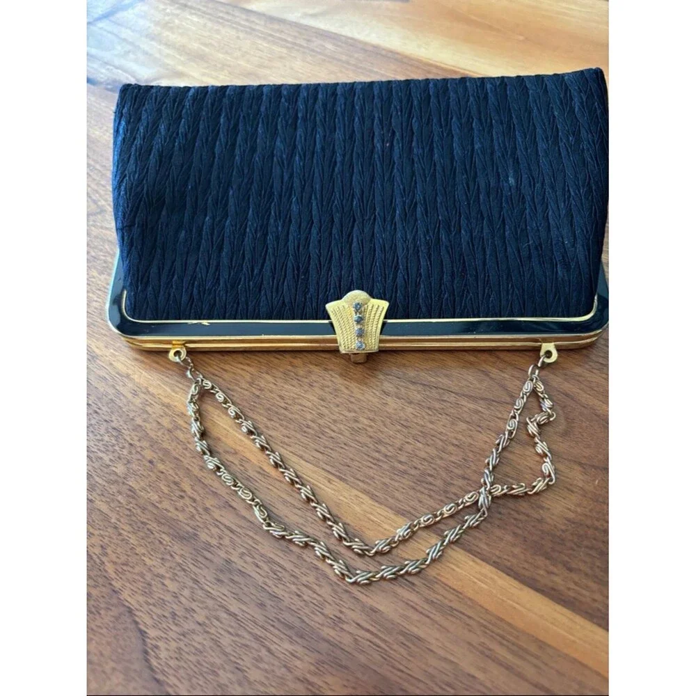 Vintage Black Evening Purse Clasp Closure and Gold Tone Chain and Clasp